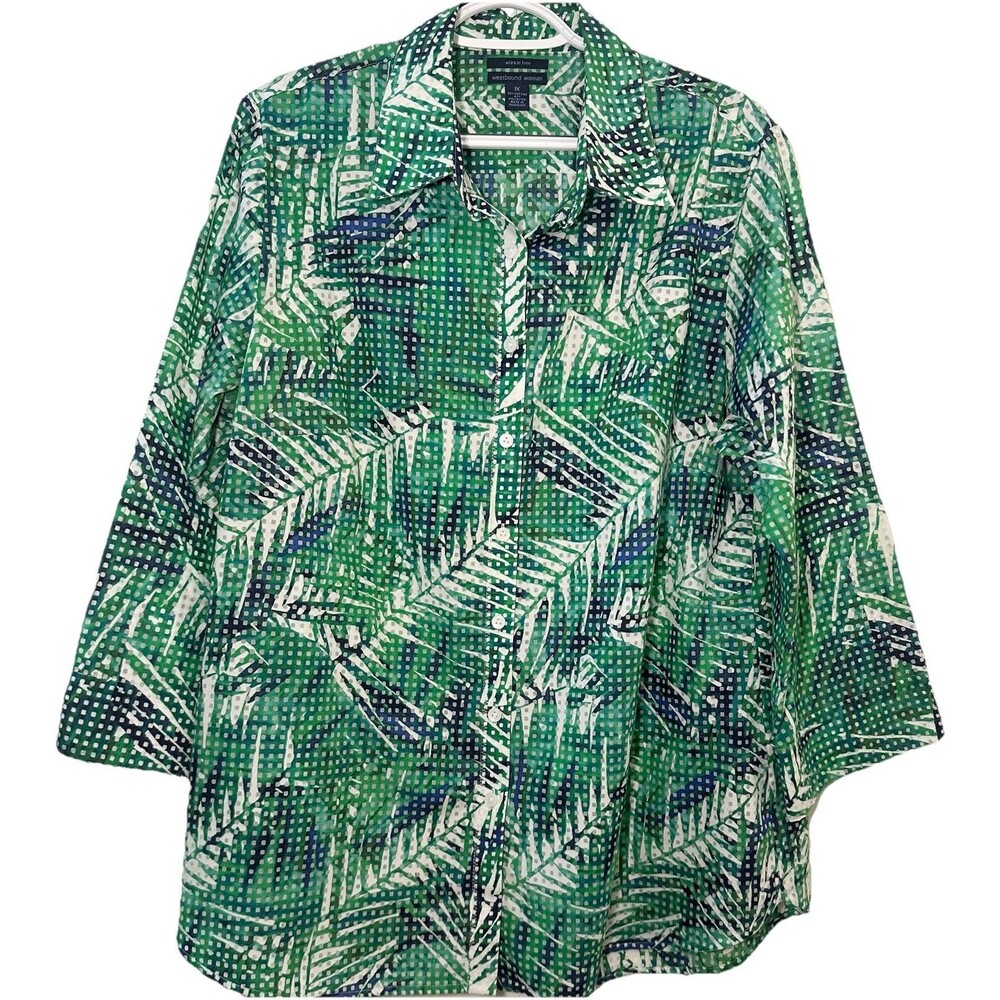 Westbound Woman 1X Wrinkle Free Green Tropical Button Shirt Plus Size